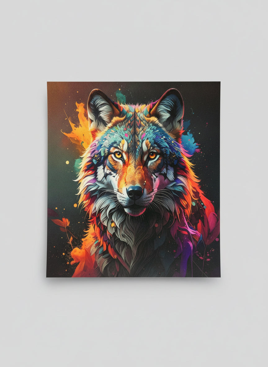Colorful wolf artwork on a black background