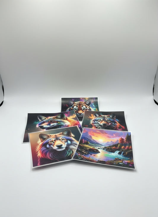 Colorful wolf and tiger artwork on a white surface